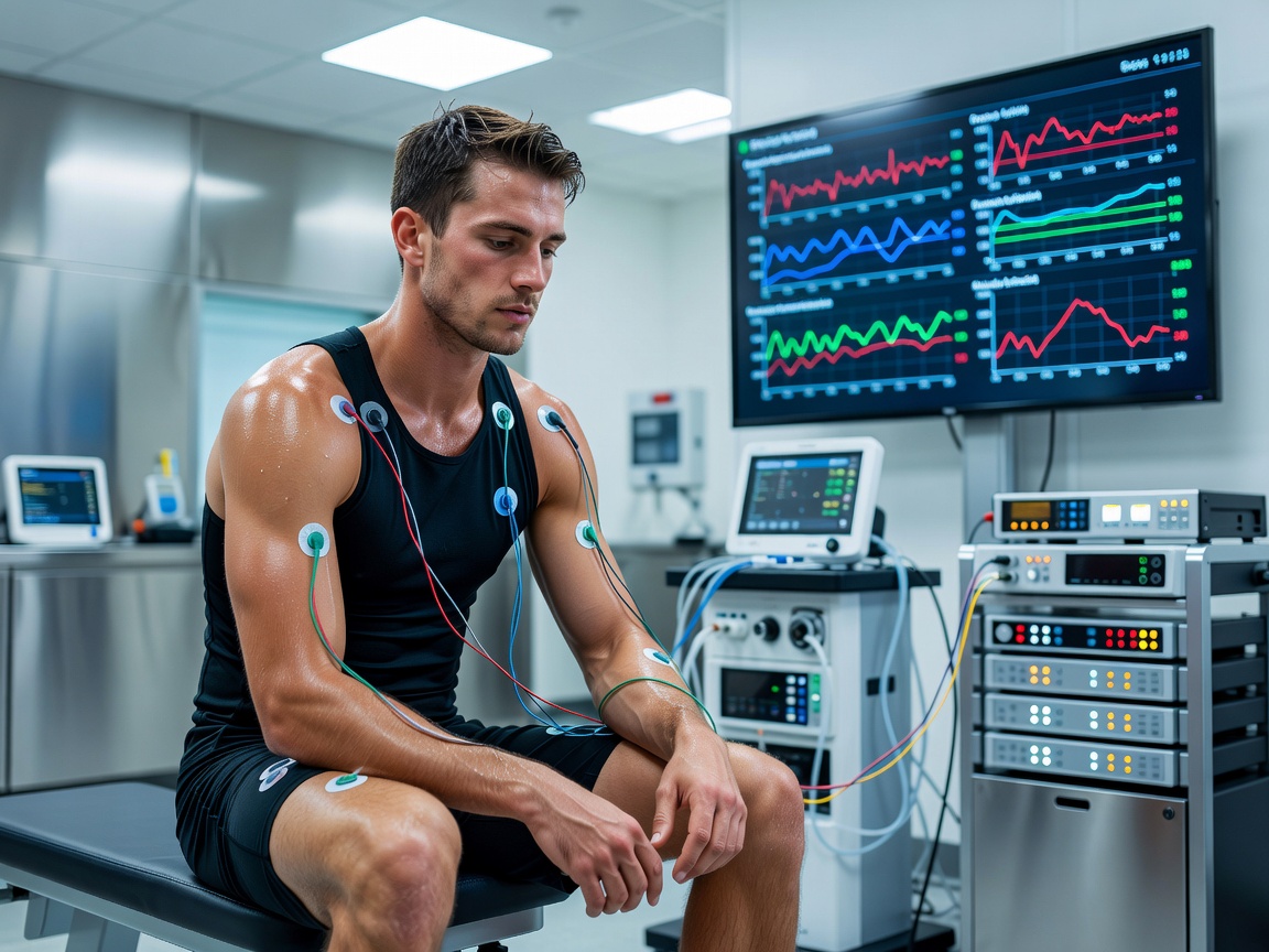 Athlete resting and undergoing recovery diagnostic monitoring in sports science laboratory