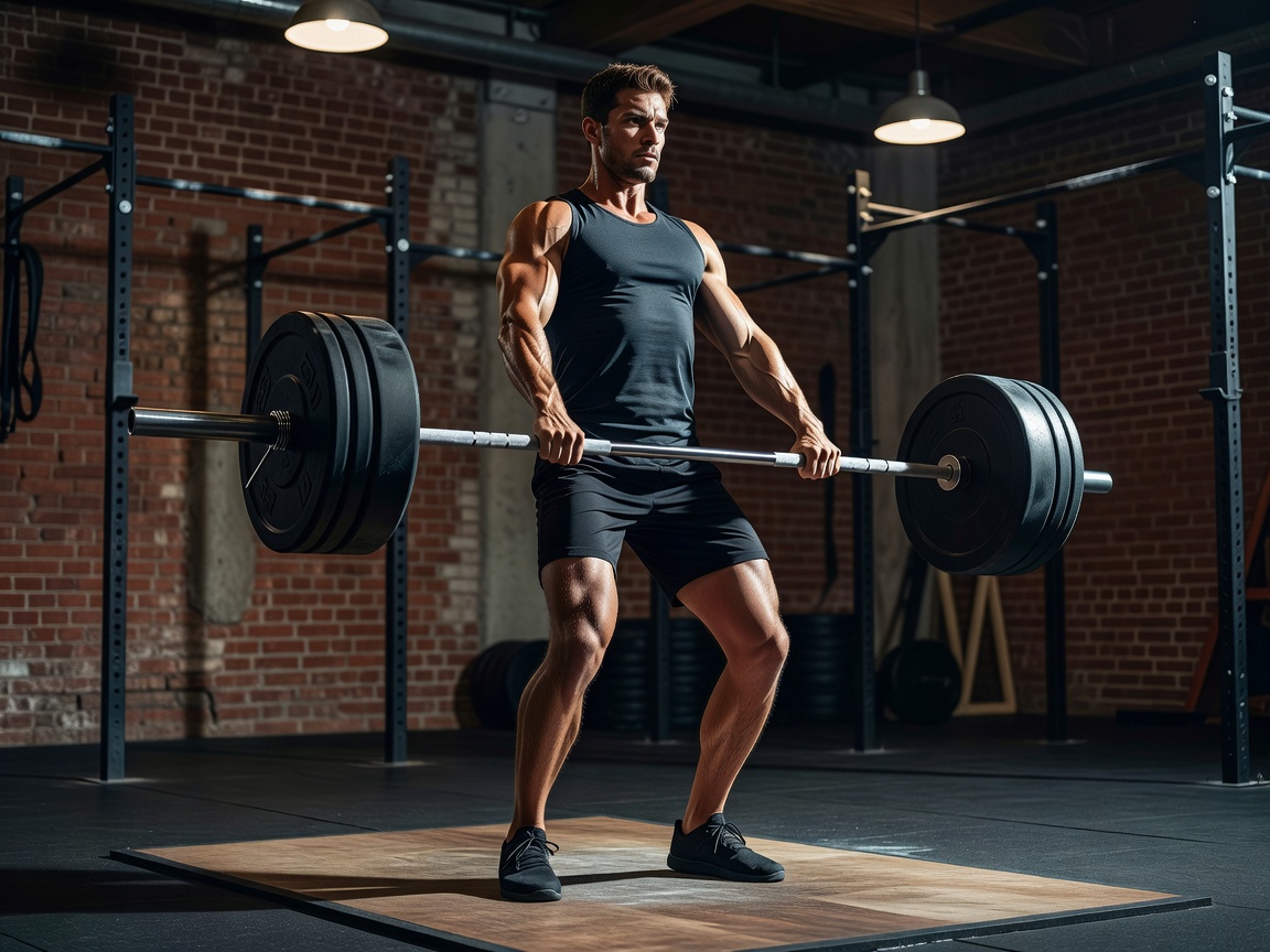 Athletic training barbell power clean movement in performance gym