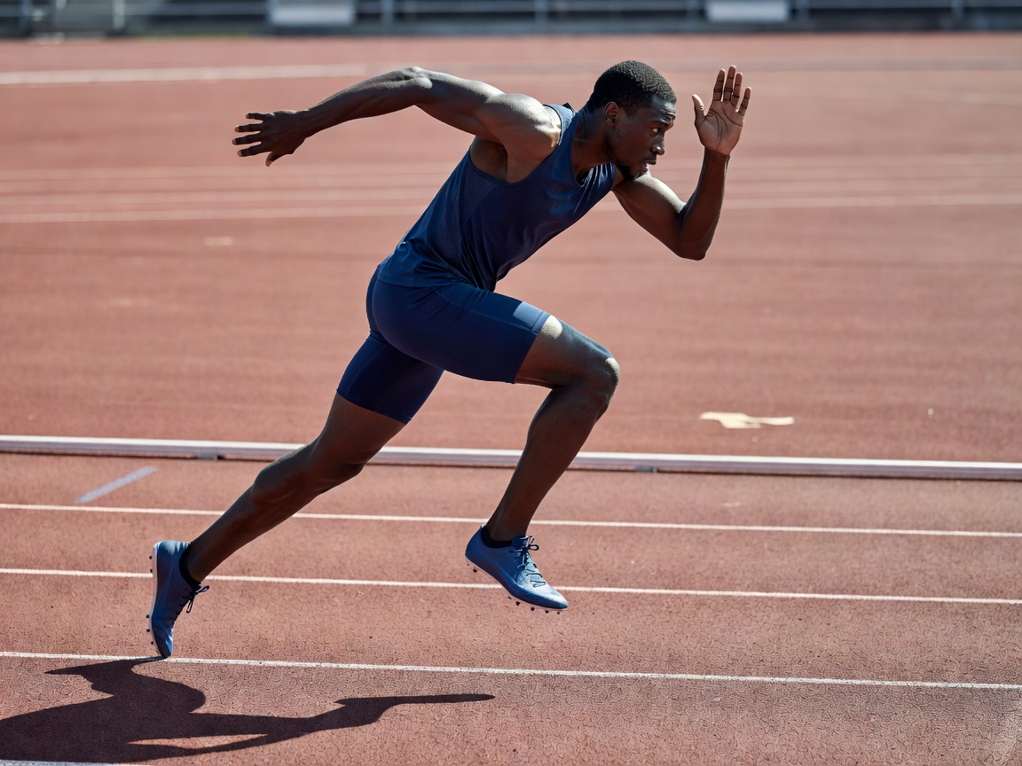 High performance runner sprinting with maximum velocity mechanics on rubberized athletics track