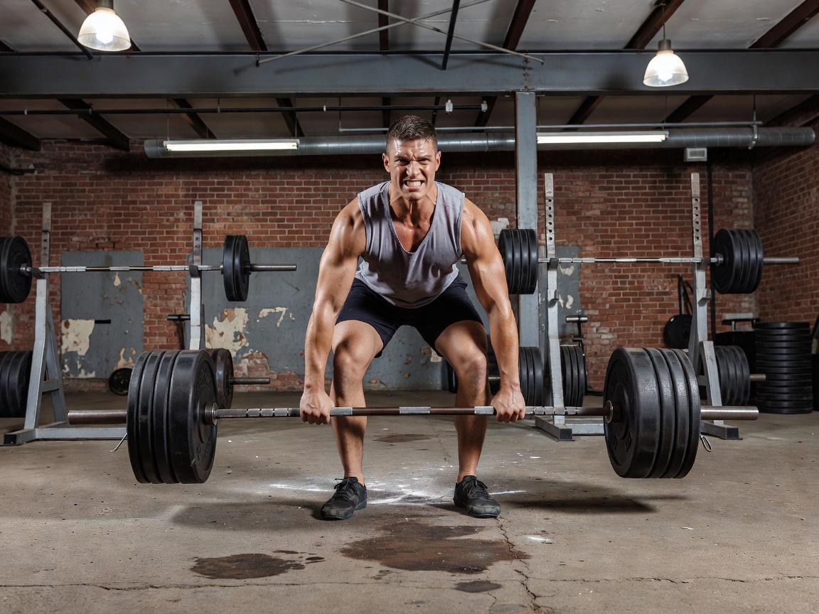Male athlete performing explosive heavy deadlift in raw industrial training center