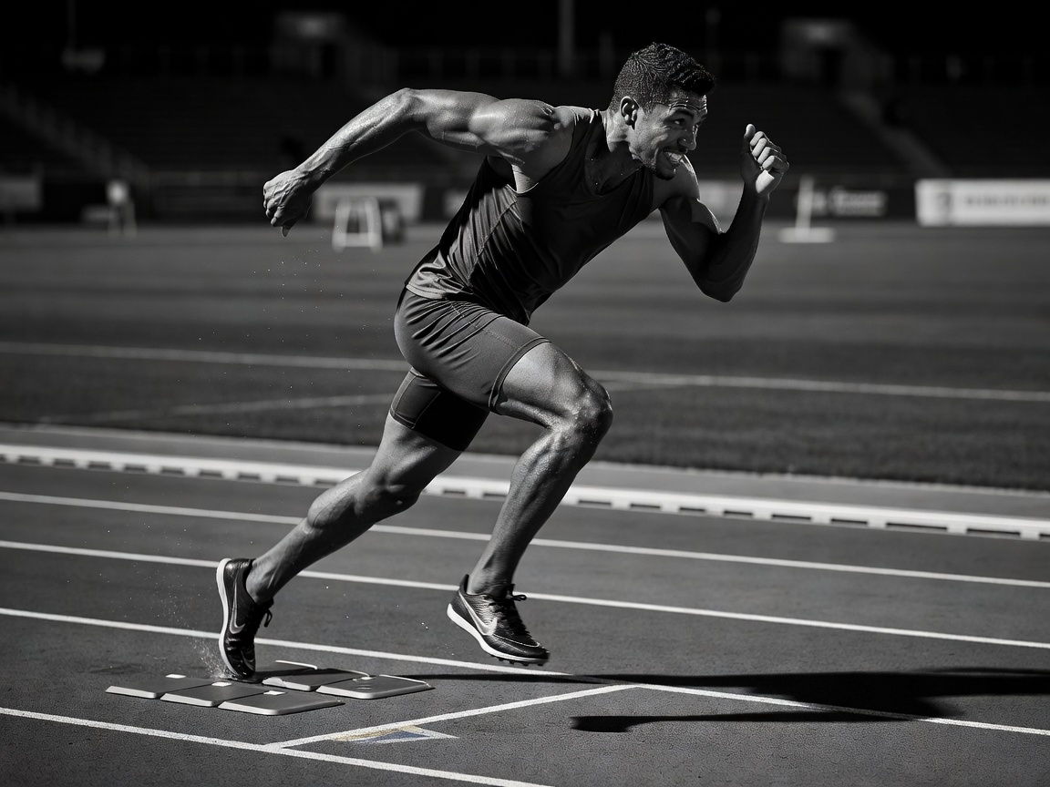 Male sprinter sprinting at maximal velocity on high-speed force plate runway