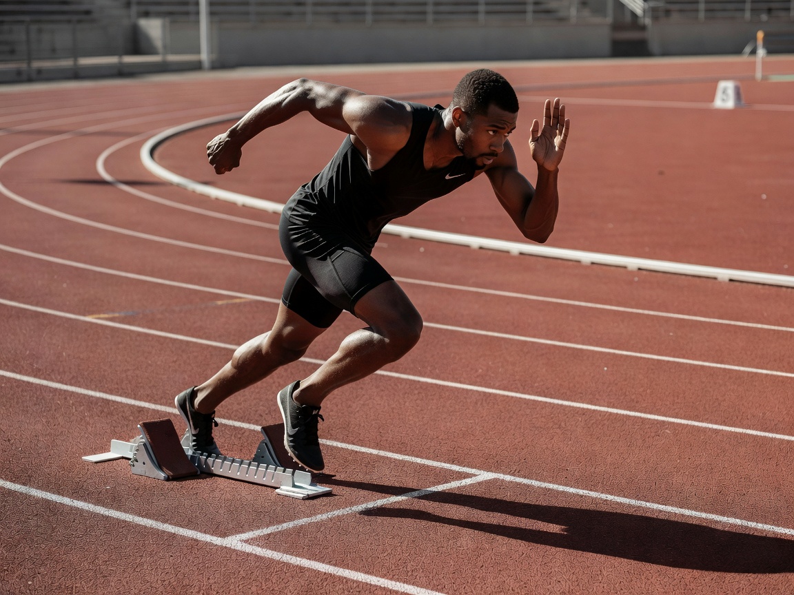 Sprinter accelerating out of starting blocks with forward torso lean on rubberized track