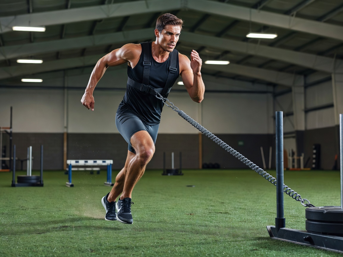 Sprinter utilizing resisted sled sprint technology on indoor athletic turf