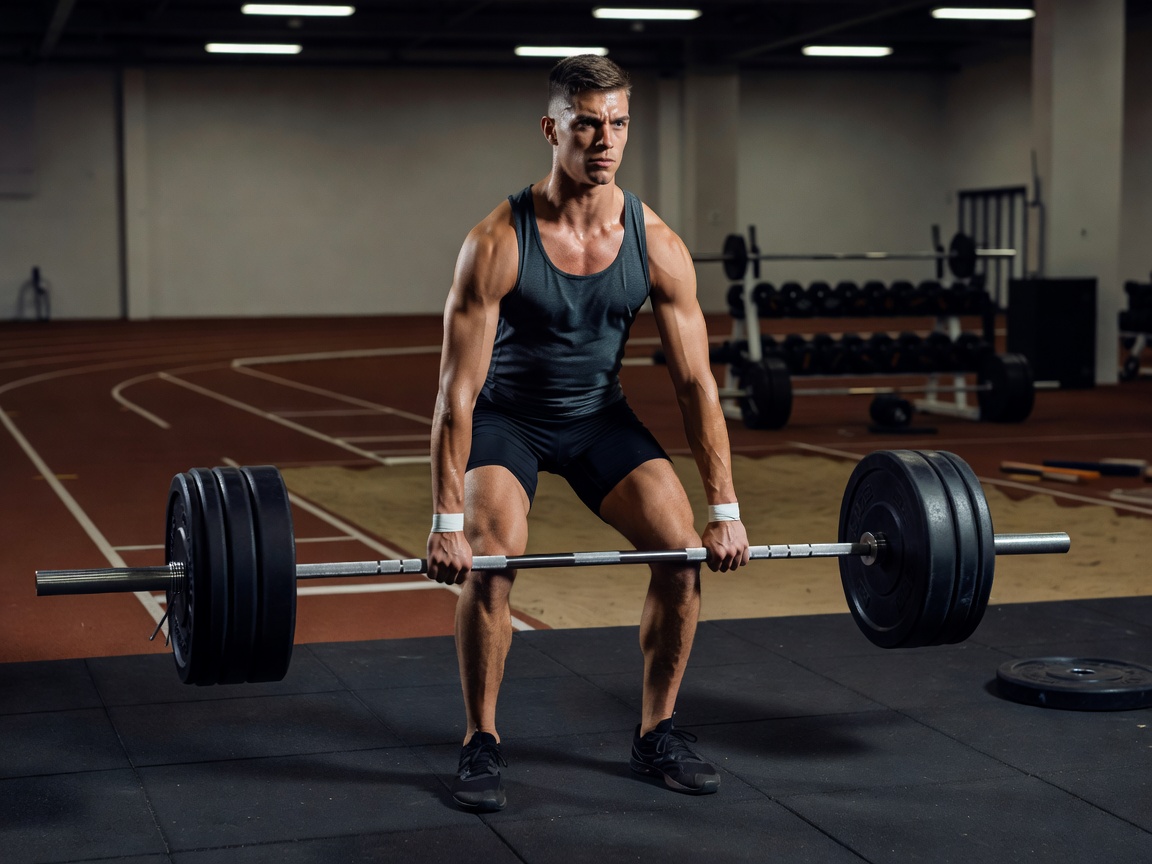 Track and field athlete performing heavy barbell isometric mid-thigh pull for tendon stiffness
